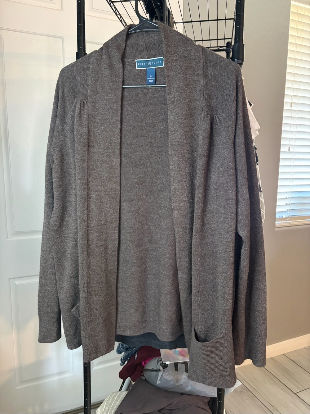 Karen Scott Open-Front Brown Knit Cardigan